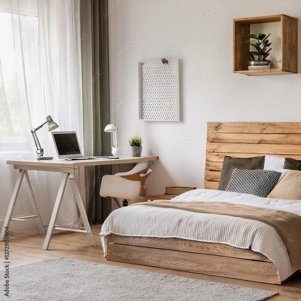 Fototapeta premium White and wood bedroom and home office corner