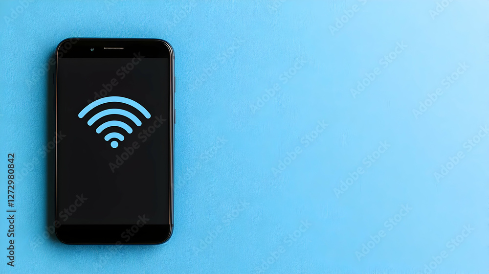 Smartphone showing Wi-Fi signal on blue background Smartphone showing Wi-Fi signal on blue background