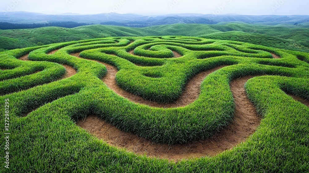 Exquisite grass maze formed creatively in the heart of a lush green field landscape Exquisite grass maze formed creatively in the heart of a lush green field landscape