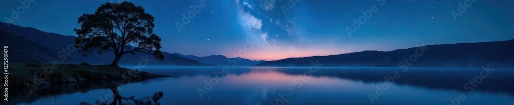 Fototapeta premium Serene lake scene with tree reflected in calm water under starry sky at night, serene lake, nature