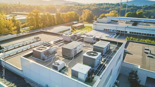 Air conditioning units installed on the roofs of industrial buildings