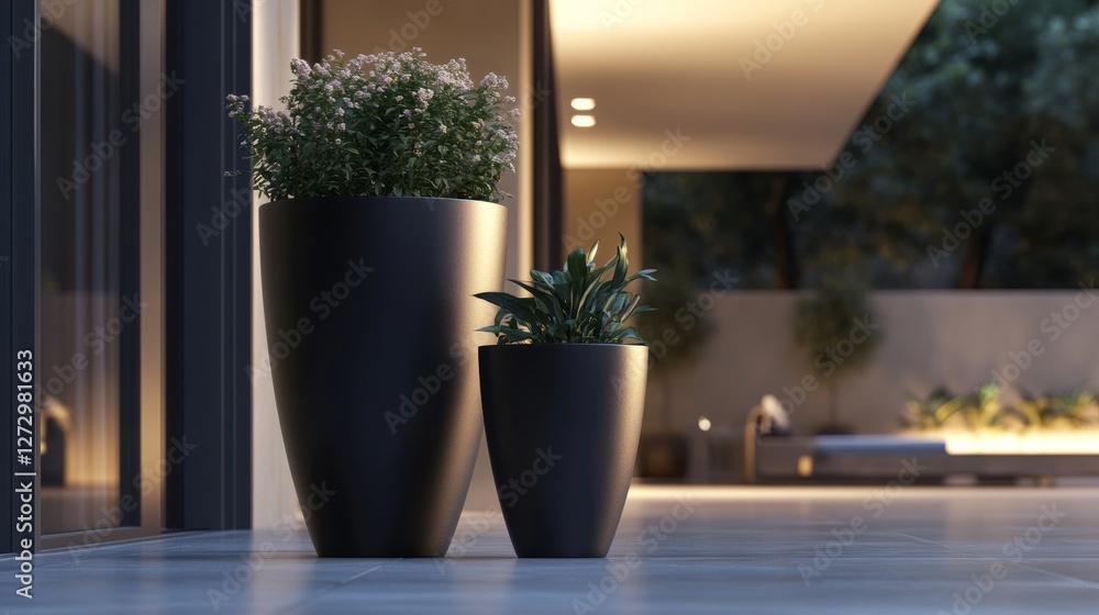 Fototapeta premium Ultra-realistic, high-definition 8K rendering of a pair of modern conical flower pots, made from sleek matte black fiberstone material.