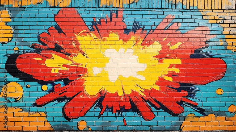 Obraz premium Vibrant street art mural depicting an explosion on a brick wall in an urban setting during daylight