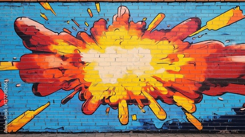 Colorful graffiti mural depicting an explosion on a brick wall in an urban setting during daylight hours