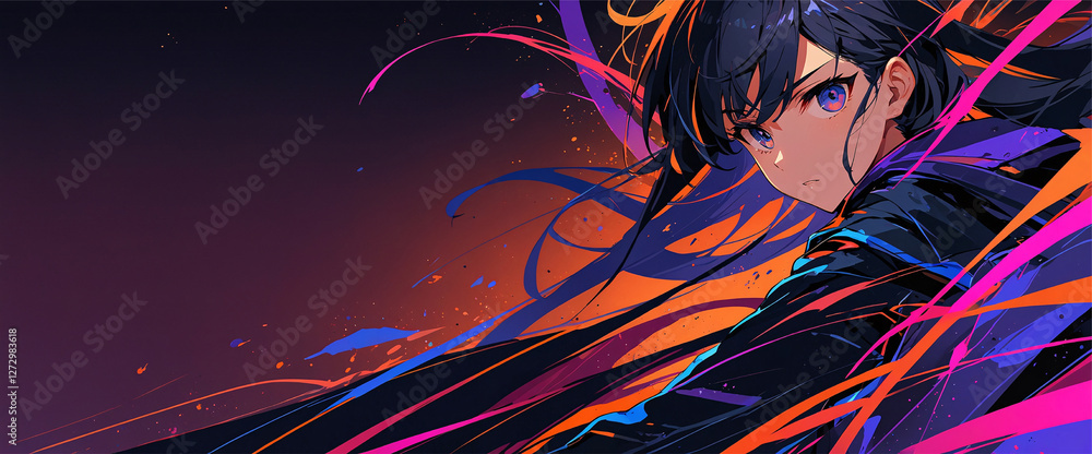 Naklejka premium Anime-style digital artwork featuring a female character with dark hair and striking blue eyes, flowing hair and a dark outfit against a colorful, gradient background