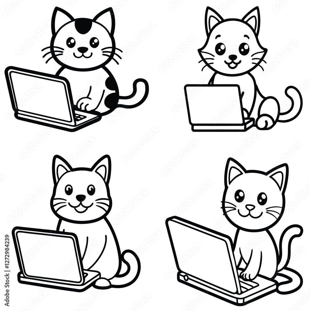 Cute Cartoon Cat Typing on Laptop Vector Illustration – Black and White Digital Art Cute Cartoon Cat Typing on Laptop Vector Illustration – Black and White Digital Art