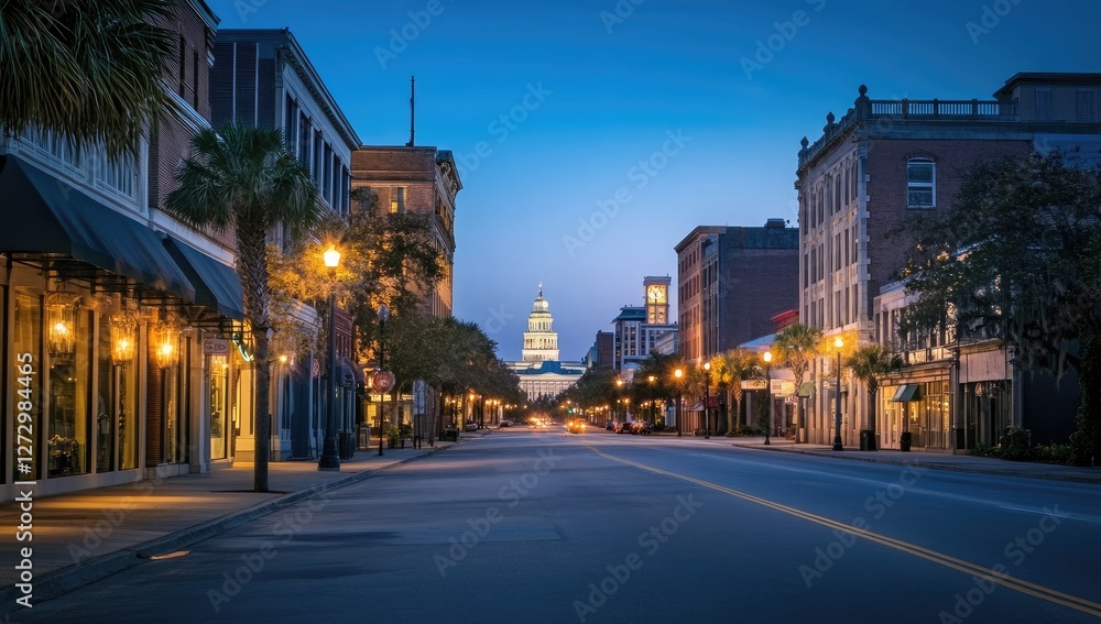 Historic downtown street at dawn, courthouse in background Historic downtown street at dawn, courthouse in background