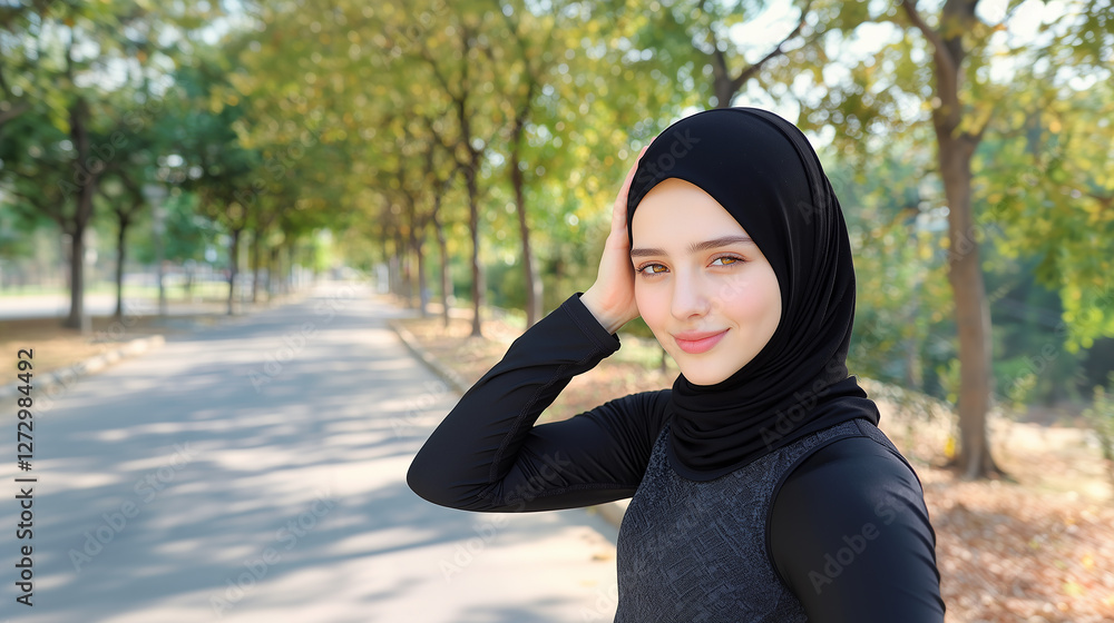 Young woman in black hijab warming up with neck stretch Young woman in black hijab warming up with neck stretch