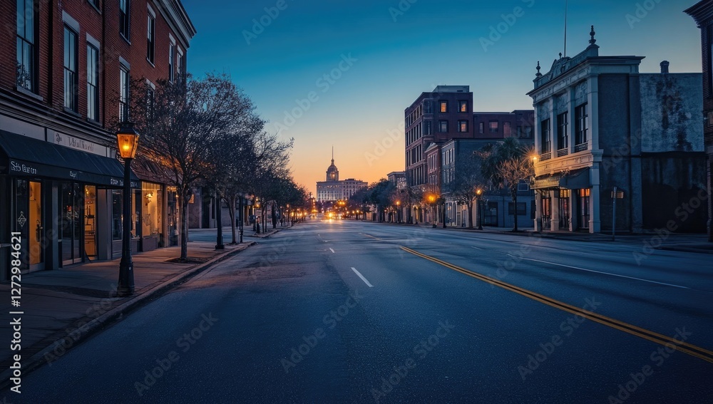 Fototapeta premium Empty city street at dawn, historic buildings, sunrise