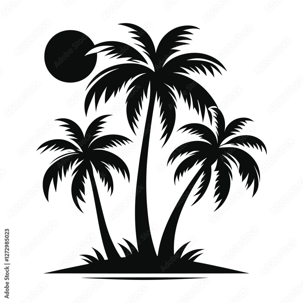 Obraz premium Vector black silhouette of three palm trees on a white background, a simple flat illustration