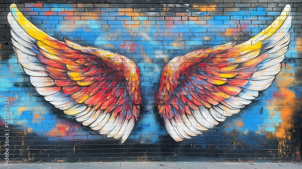Fototapeta premium Vibrant mural featuring angel wings on a city brick wall, showcasing bright colors and intricate details