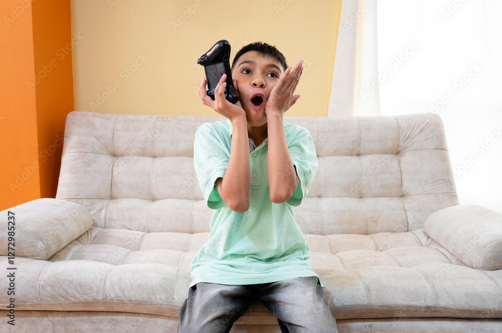 Excited boy holding a video game controller and showing surprise on a sofa Excited boy holding a video game controller and showing surprise on a sofa