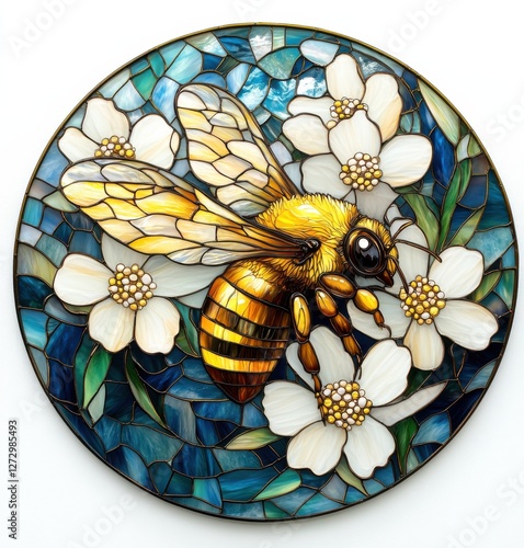 Stunning stained glass artwork depicting a bee among delicate white flowers in vibrant colors and intricate designs