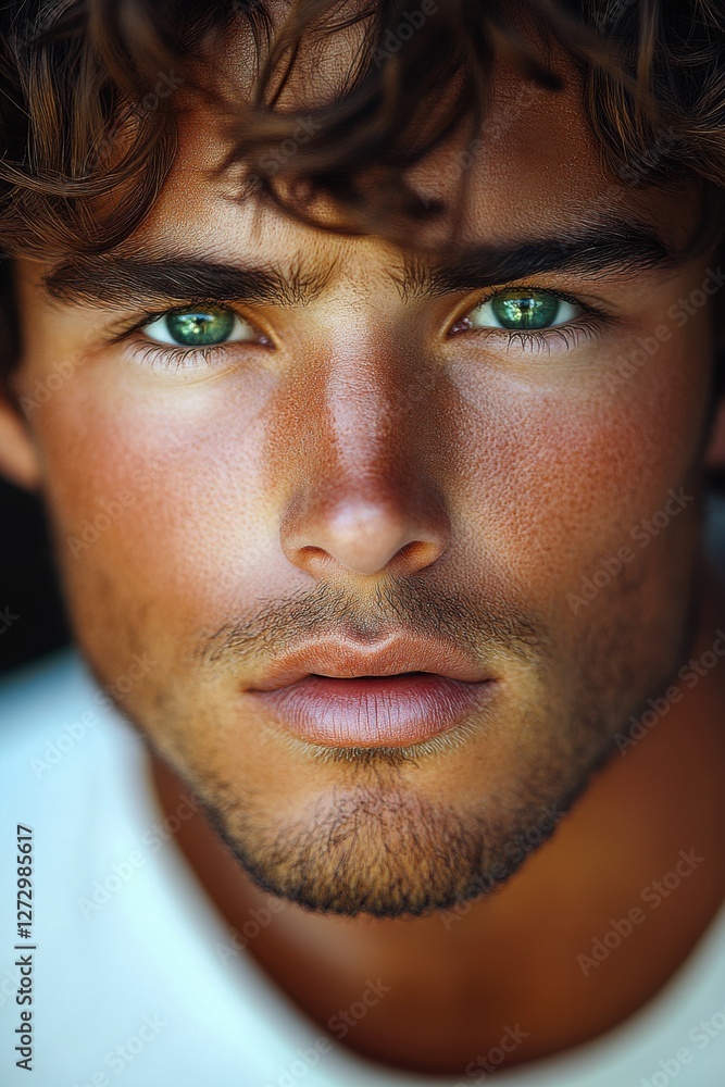 Young man with captivating green eyes and tousled hair poses for a close-up portrait against a dark background Young man with captivating green eyes and tousled hair poses for a close-up portrait against a dark background