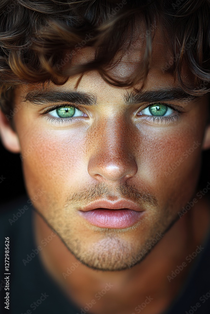 Captivating young man with striking green eyes and tousled hair poses against a dark background Captivating young man with striking green eyes and tousled hair poses against a dark background