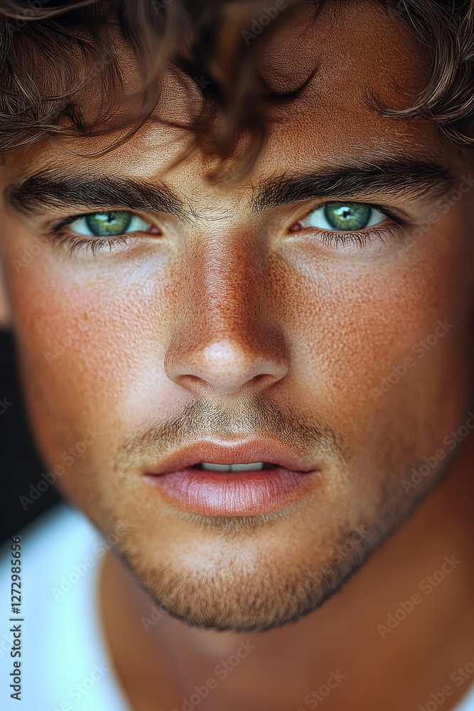 Young man with striking green eyes looking directly at the camera in natural light, set against a dark background, showcasing confident expression and detailed skin texture Young man with striking green eyes looking directly at the camera in natural light, set against a dark background, showcasing confident expression and detailed skin texture