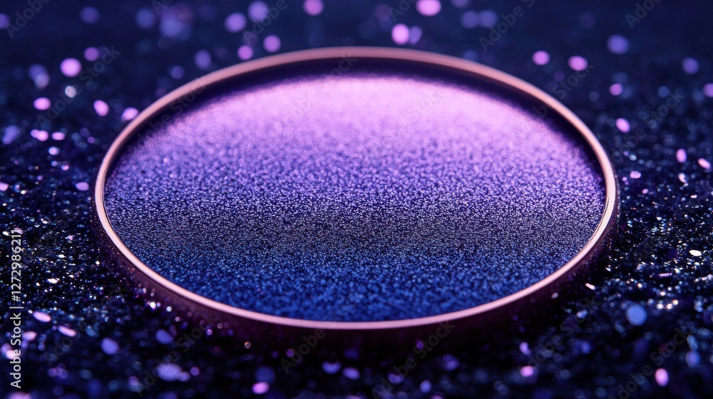 Obraz premium Vibrant circular makeup product sits on a sparkling purple background showcasing its shimmering texture and color variation at a close alignment