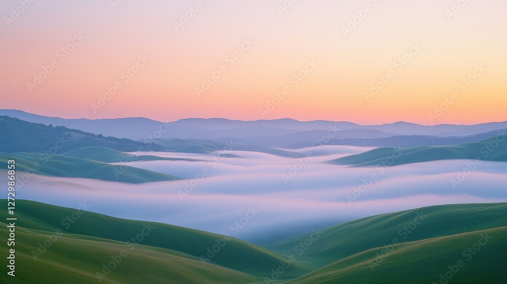 Rolling hills covered in morning mist at dawn in a serene landscape with soft pastel colors illuminating the sky Rolling hills covered in morning mist at dawn in a serene landscape with soft pastel colors illuminating the sky