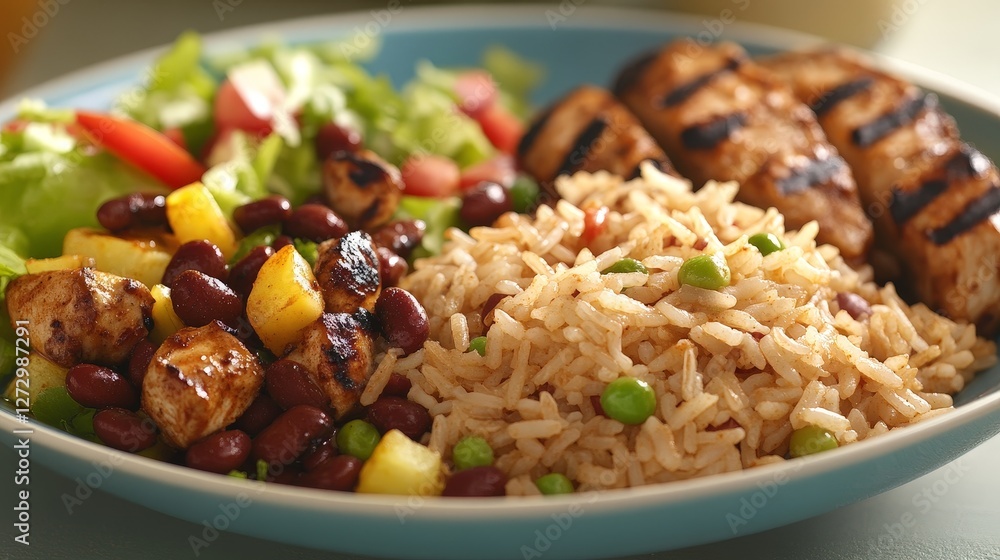 A colorful plate featuring grilled chicken, rice, salad, and a bean-pineapple mix. A colorful plate featuring grilled chicken, rice, salad, and a bean-pineapple mix.