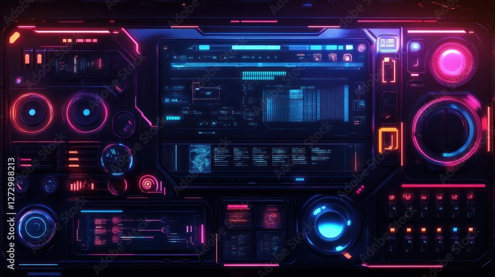Fototapeta premium Futuristic digital control panel with vibrant neon lights and intricate interface design