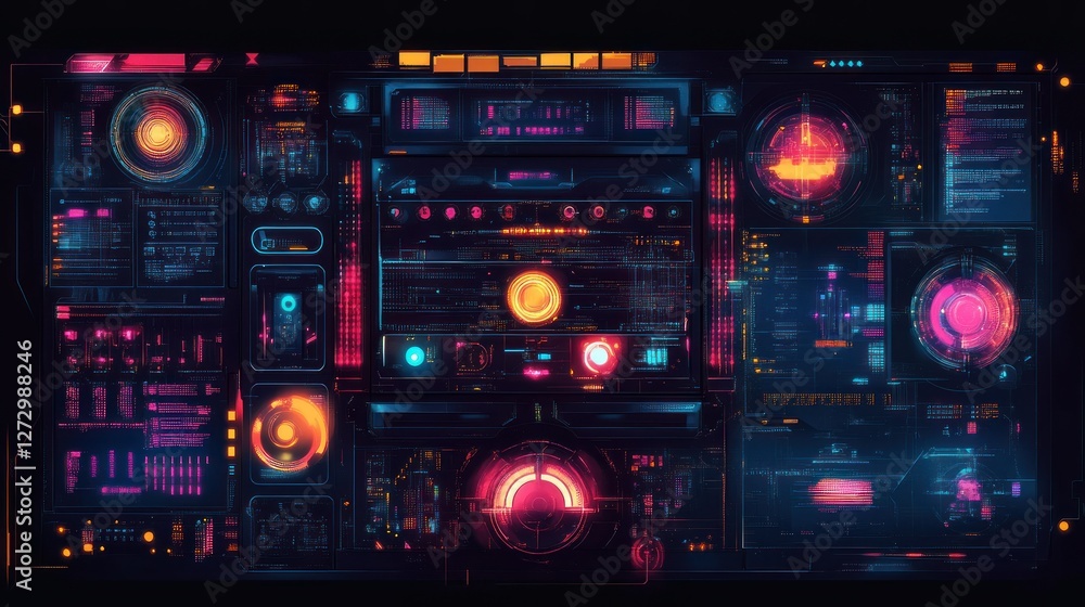 Futuristic control panel with vibrant neon lights and intricate technology, set against a dark backdrop Futuristic control panel with vibrant neon lights and intricate technology, set against a dark backdrop