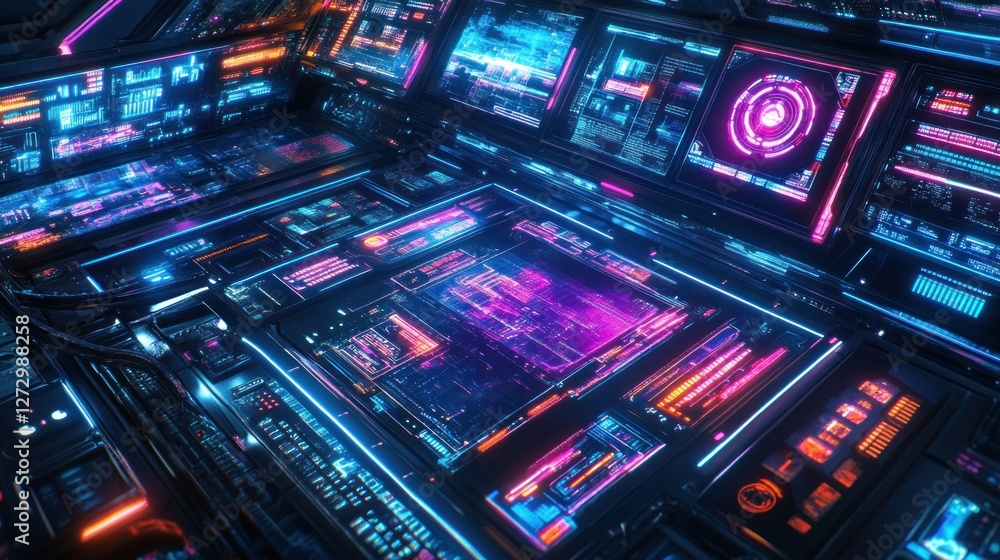 Fototapeta premium Futuristic control panel with vibrant neon displays and complex interfaces in a sci-fi setting