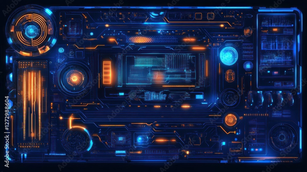 Futuristic control panel with glowing blue and orange circuitry in a dark environment Futuristic control panel with glowing blue and orange circuitry in a dark environment