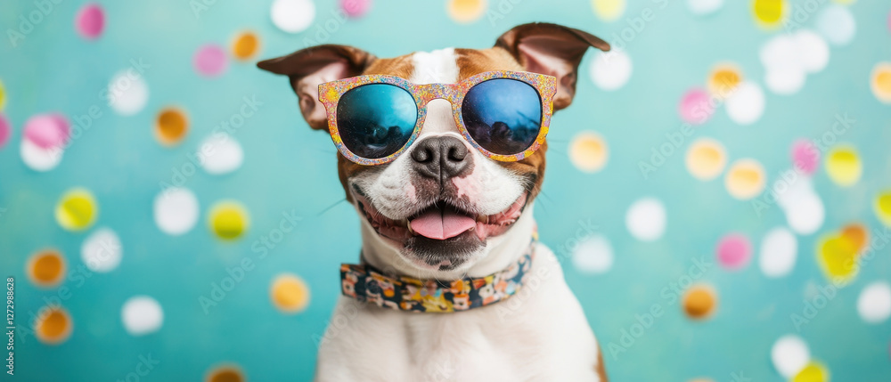 Fototapeta premium Cute dog wearing sunglasses against colorful background, exuding joy and playfulness