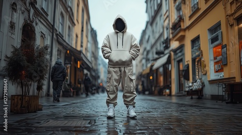 Casual streetwear look featuring oversized hoodie, cargo pants, and sneakers, perfect for an urban lifestyle

 photo