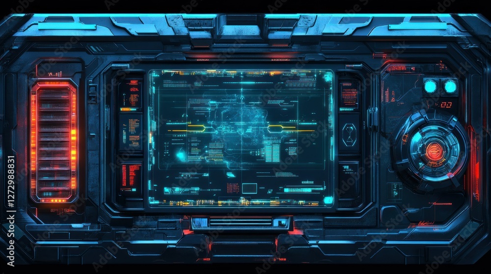 Obraz premium Futuristic control panel interface displaying data analysis in a high-tech environment