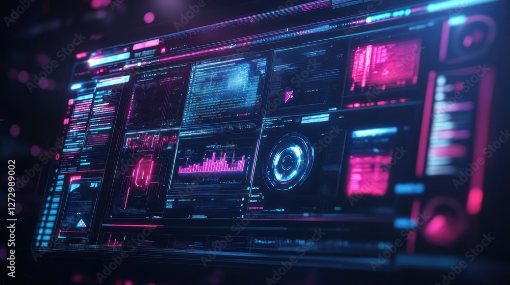 Futuristic digital interface displaying data analytics and visualizations in a tech environment (1) Futuristic digital interface displaying data analytics and visualizations in a tech environment (1)