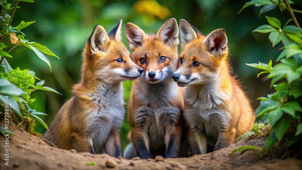 Fototapeta premium Adorable red fox kits, a close-up view of their playful antics near their burrow.