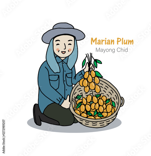 Happy farmer holding Marian Plum or Mayong Chid, hand drawn style vector illustration