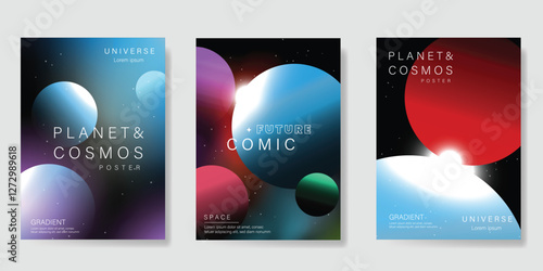 Planet and galaxy Space card vector set. Solar system with galaxy planets, asteroids, jupiter, saturn, mars, moon, ring line solar. Cosmic design for flyer, brochure, background, poster, cover.