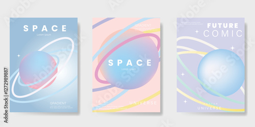 Planet and galaxy Space card vector set. Solar system with galaxy planets, asteroids, jupiter, saturn, mars, moon, ring line solar. Cosmic design for flyer, brochure, background, poster, cover.