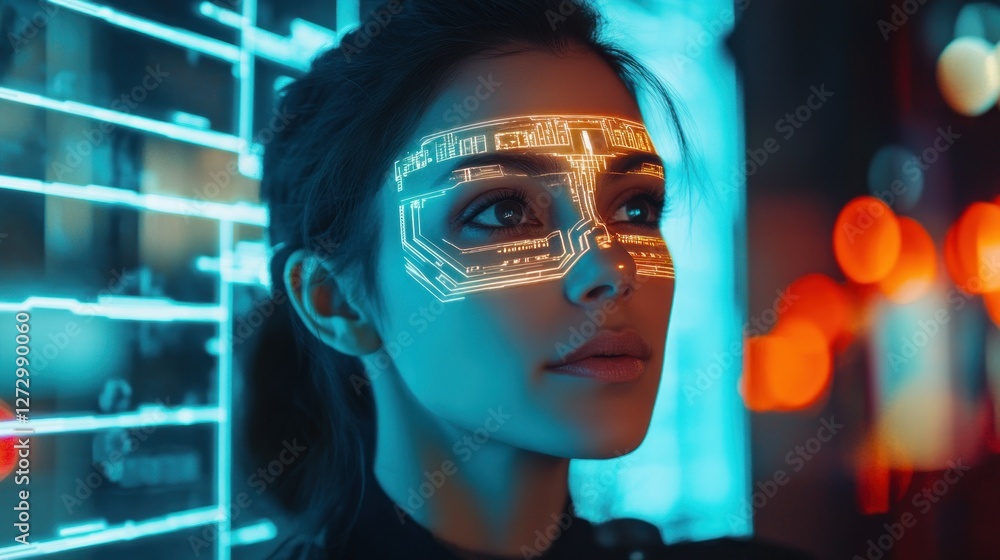 Futuristic woman with glowing facial circuitry against a neon-lit urban backdrop at night Futuristic woman with glowing facial circuitry against a neon-lit urban backdrop at night