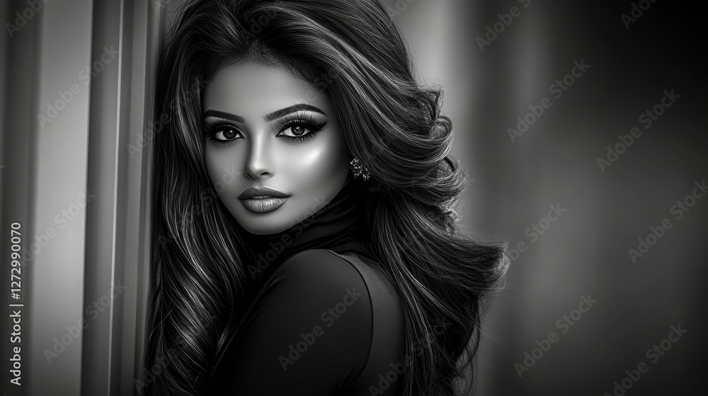 Stunning Black and White Portrait of a Confident Woman with Curly Hair in Elegant Attire Stunning Black and White Portrait of a Confident Woman with Curly Hair in Elegant Attire