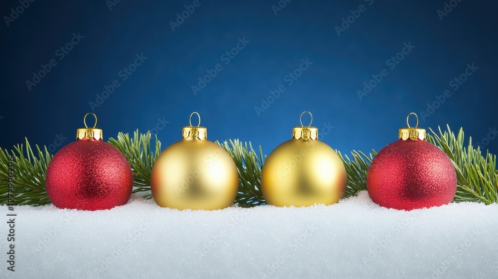 Four Vibrant Christmas Ornaments in Red and Gold Arranged on a Bed of Snow with Greenery Four Vibrant Christmas Ornaments in Red and Gold Arranged on a Bed of Snow with Greenery