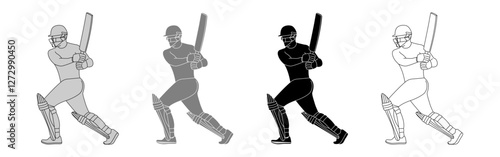 Vector illustration of player playing cricket action poses set on transparent background
