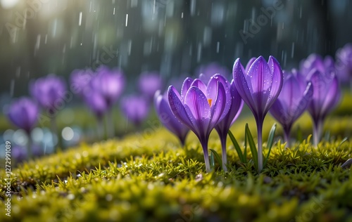 Translucent violet crocus blossoms kissed by gentle springtime showers and sunlight photo