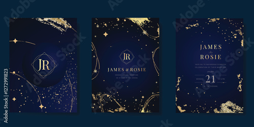 Luxury invitation card design vector set. Elegant wedding card with little star moon sun and space decorative on watercolor navy blue background. Design illustration for cover, poster, gala.