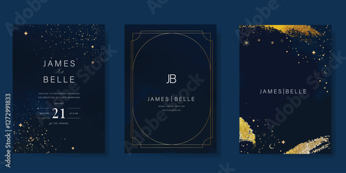 Luxury invitation card design vector set. Elegant wedding card with little star moon sun and space decorative on watercolor navy blue background. Design illustration for cover, poster, gala.