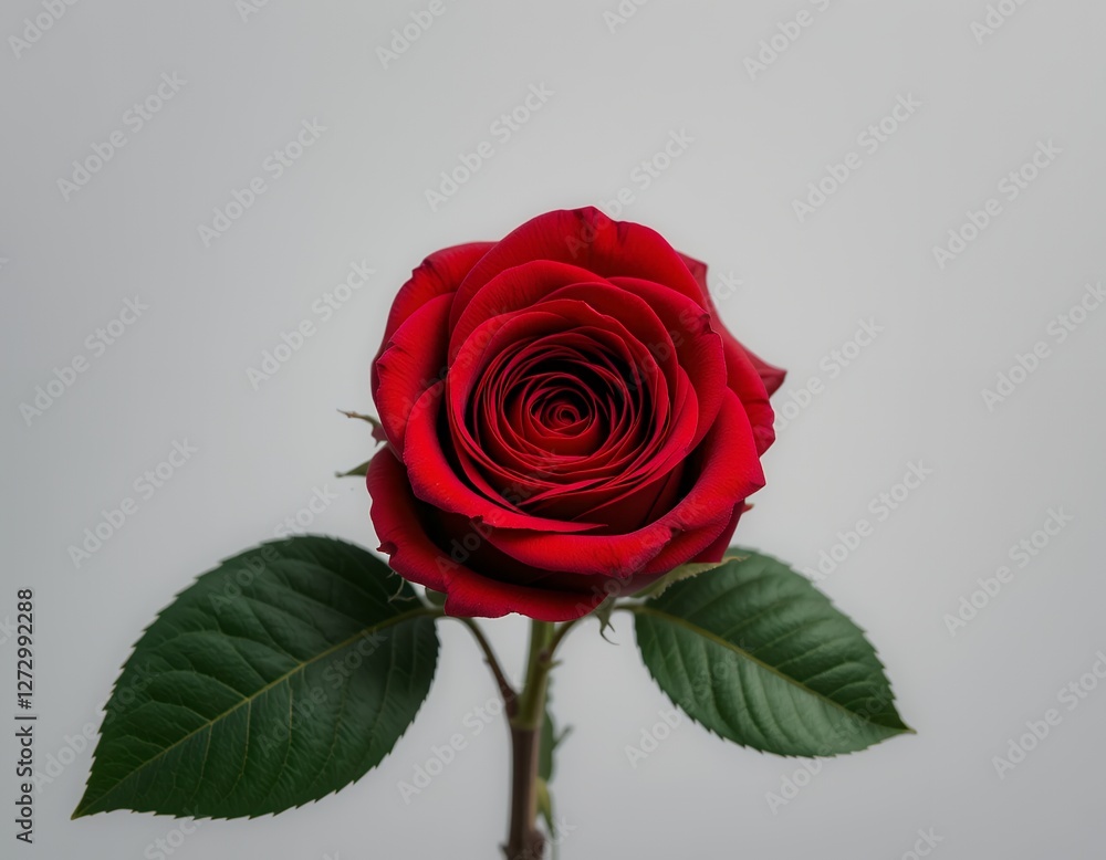 Elegant single red rose with vibrant petals against a soft serene backdrop Elegant single red rose with vibrant petals against a soft serene backdrop