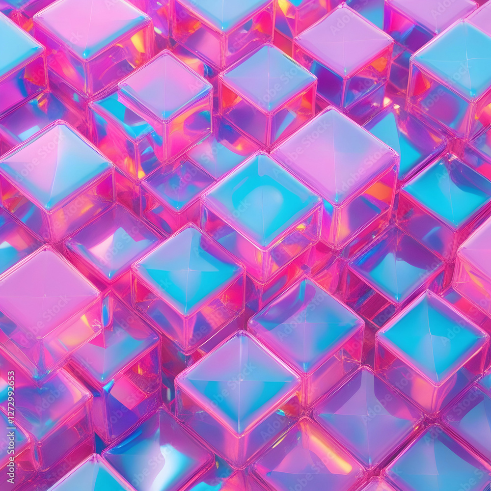 A seamless holographic pattern featuring pink and blue isometric square cubes with a plastic jelly-like texture. A seamless holographic pattern featuring pink and blue isometric square cubes with a plastic jelly-like texture.