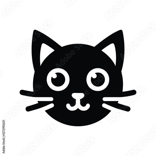 Black cat face vector logo icon, simple flat design on a white background, no shadow under the head of the black, cute kitten, vector illustration style, simple line art, symmetrical composition, logo