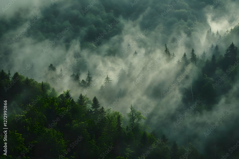 Obraz premium green forest with the fog creating a mystical ambiance as it settles gently between the towering trees