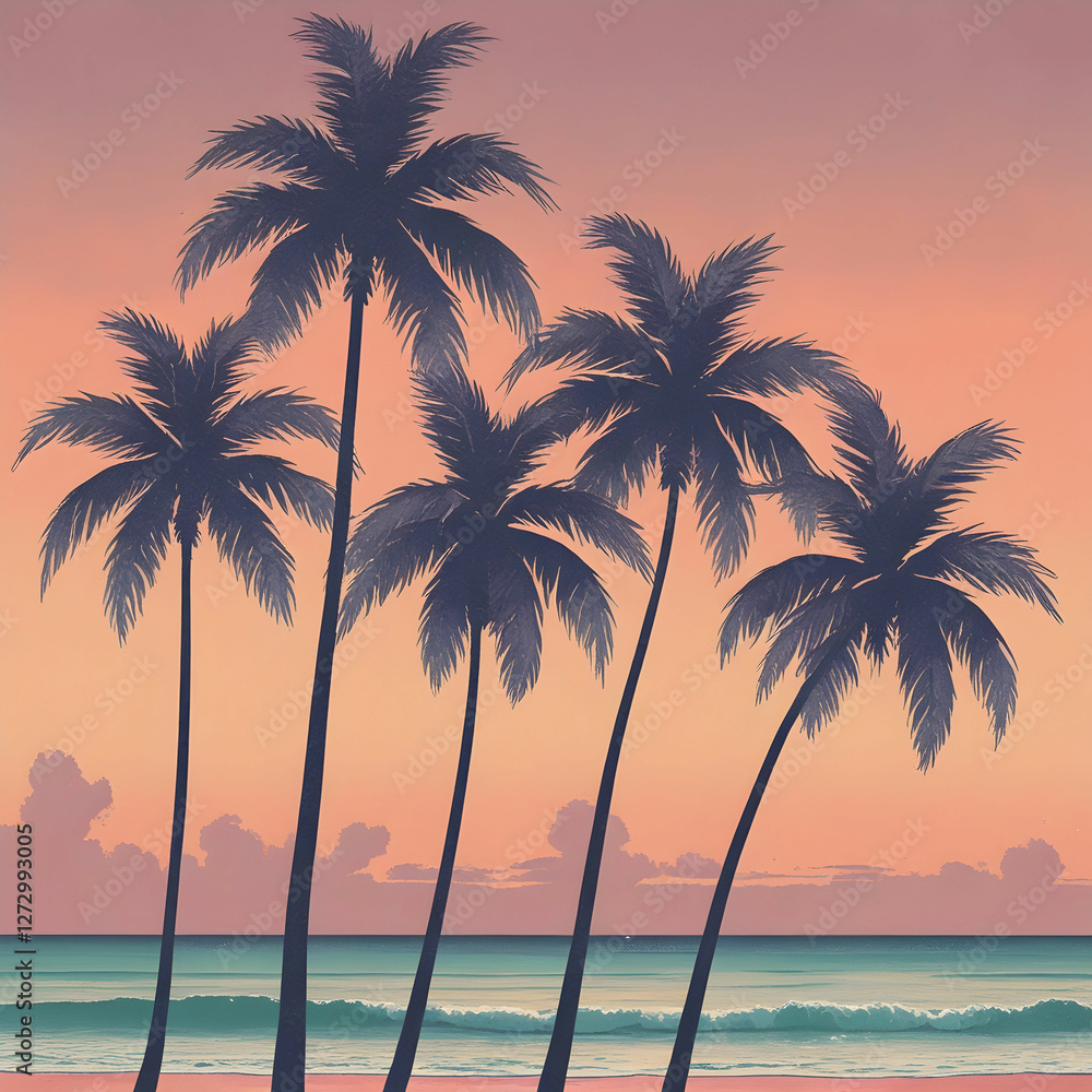 Fototapeta premium Silhouetted palm trees stand tall on a serene tropical beach at sunset, featuring a modern vintage color palette.