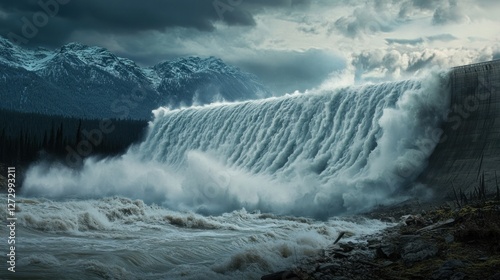 Wallpaper Mural Majestic waterfall cascading over a dam, surrounded by rugged mountains and stormy skies Torontodigital.ca