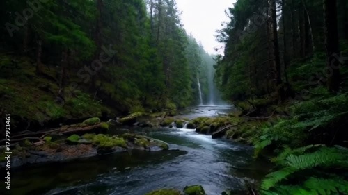 Serene Rainy Forest with Lush Greenery, Misty Atmosphere, and Flowing River