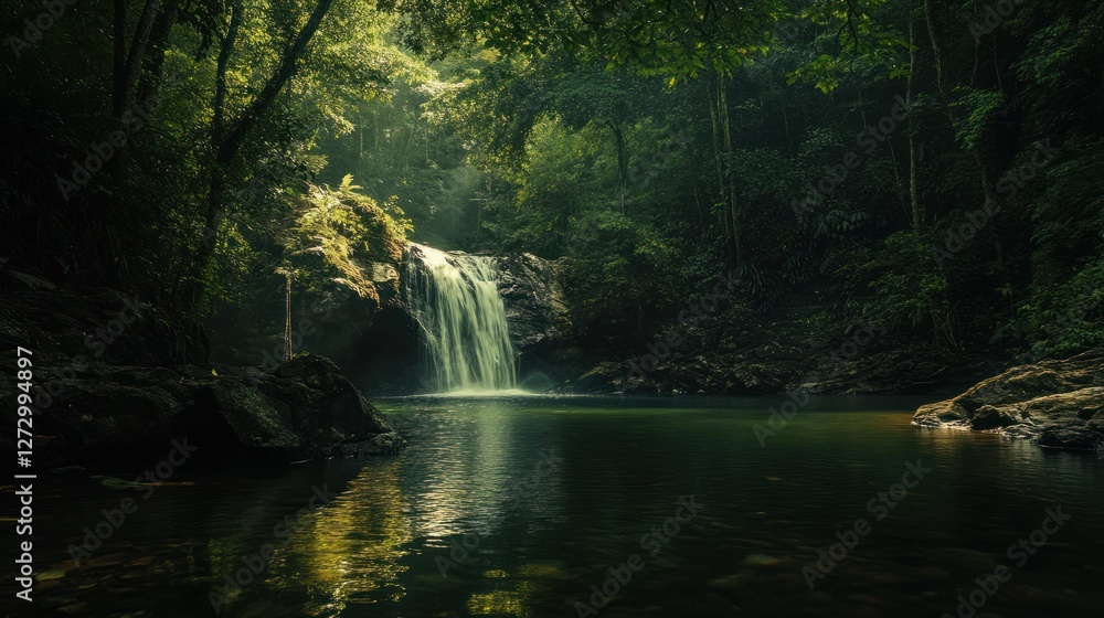 Lush rainforest waterfall, tranquil pool, sunlight, serenity, nature escape Lush rainforest waterfall, tranquil pool, sunlight, serenity, nature escape